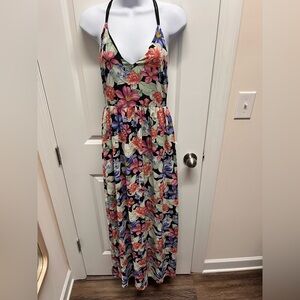 Forever 21 Maxi Floral Crisscross Backless Split Side Boho Casual Dress SzS